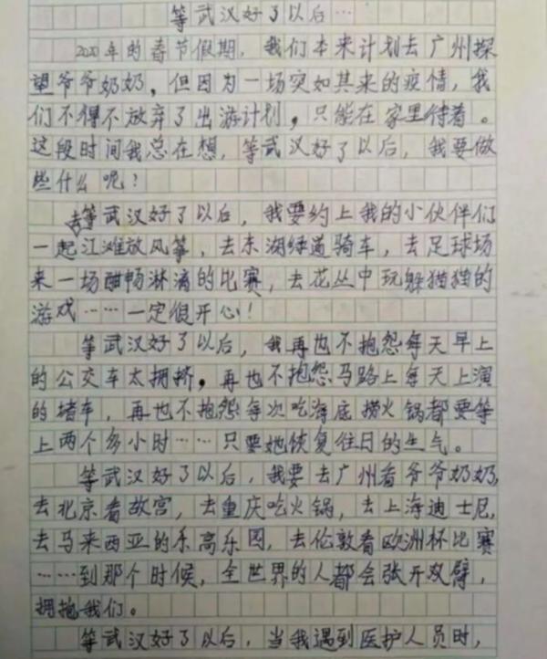 10岁男孩作文《等武汉好了以后》泪目朋友圈，感动千万人！