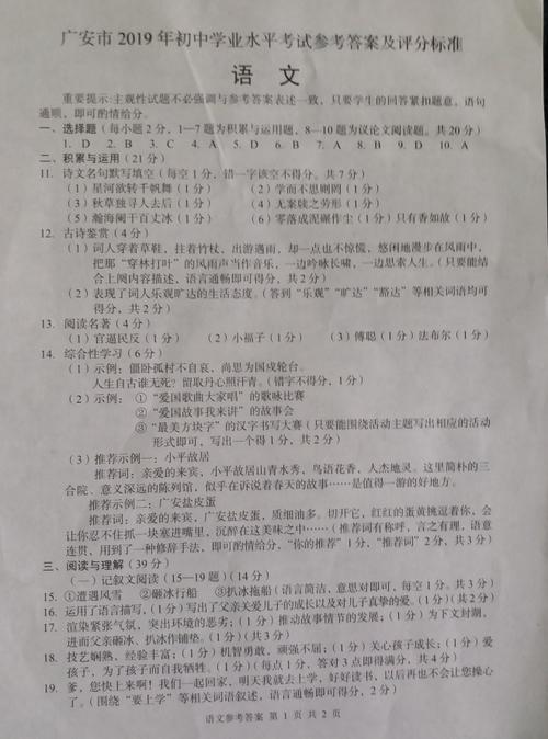 2019四川广安中学入学考试汉语满分成绩（发布）