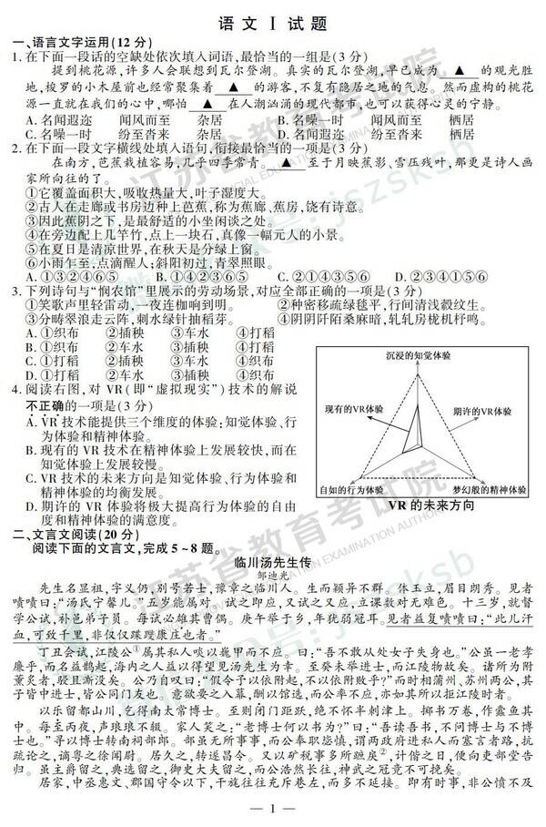 2019江苏省高考语文考试