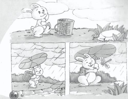 小白兔子用蘑菇遮雨，看图片聊天