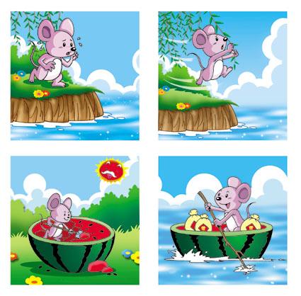 小老鼠坐在河对面的西瓜上，读二年级的图画和写字
