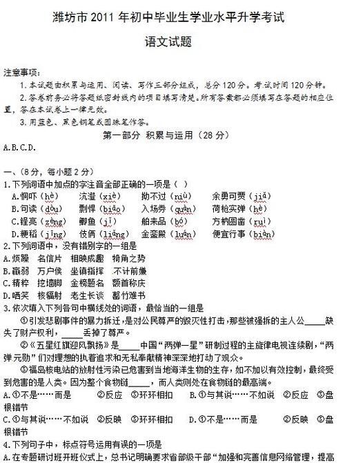 2011潍坊中学检测语言测试问题